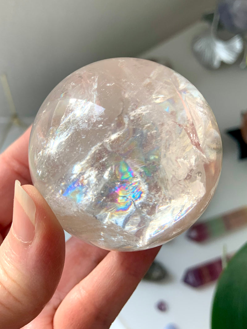 High quality Clear Quartz Crystal Sphere with Rainbows + Golden Healer Inclusion