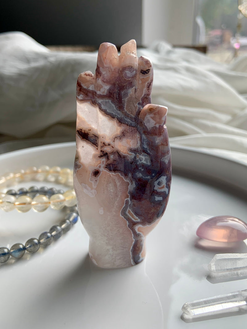 Rare Pink Moss Agate Hamsa Carving