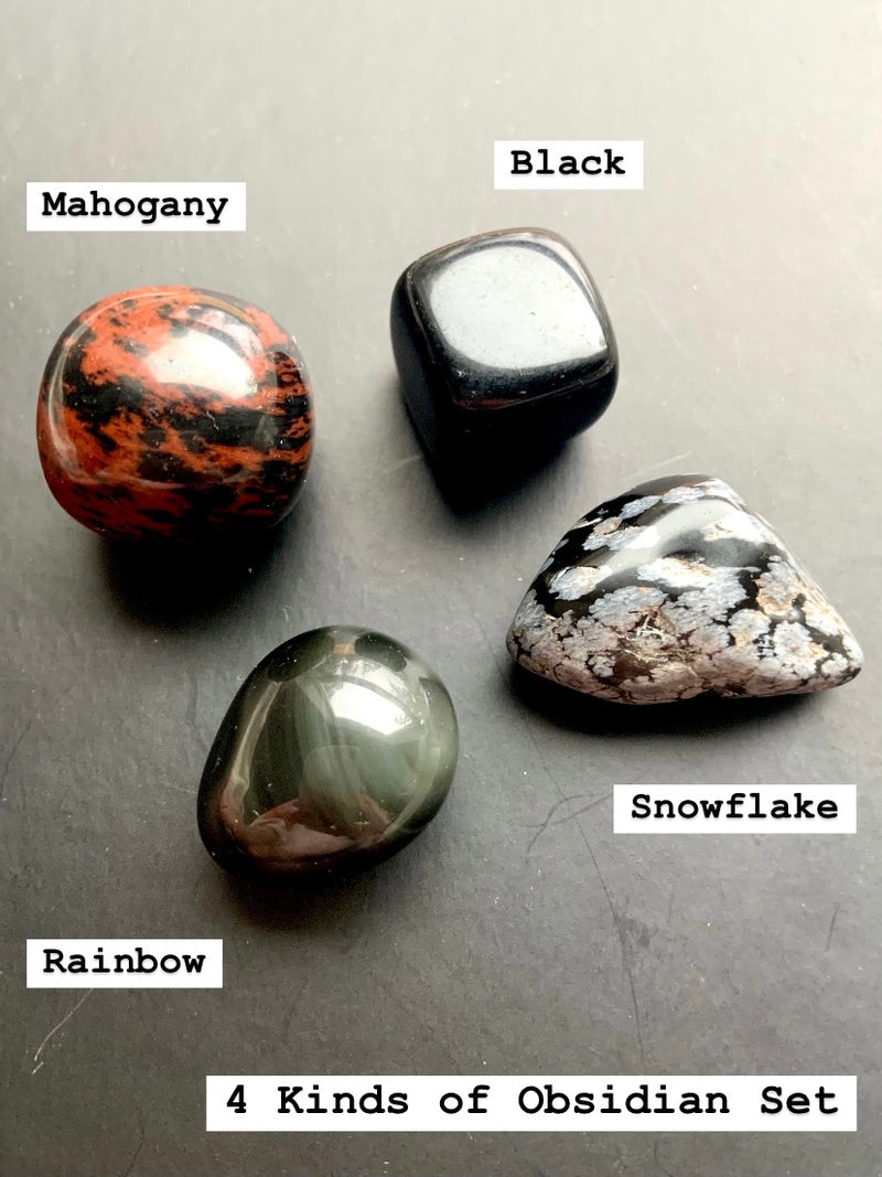 Our mixed variety Obsidian Tumble Set includes snowflake obsidian, black obsidian,rainbow obsidian, and mahogany obsidian with an info card to ID the stones and learn their geological and metaphysical properties