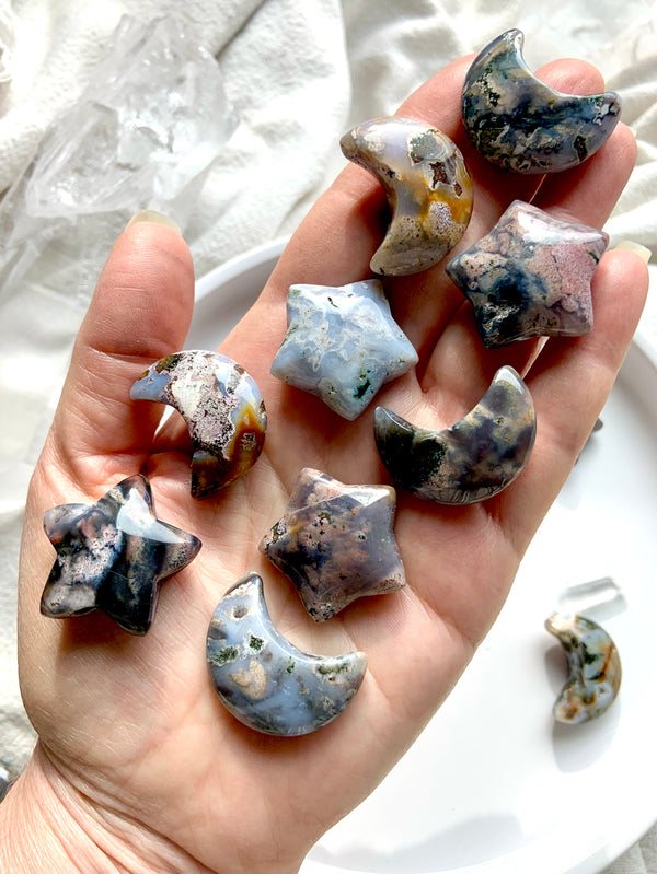 Cosmic Ocean Jasper Moon and Stars photographed in natural light, shown on my hand for scale with a light background