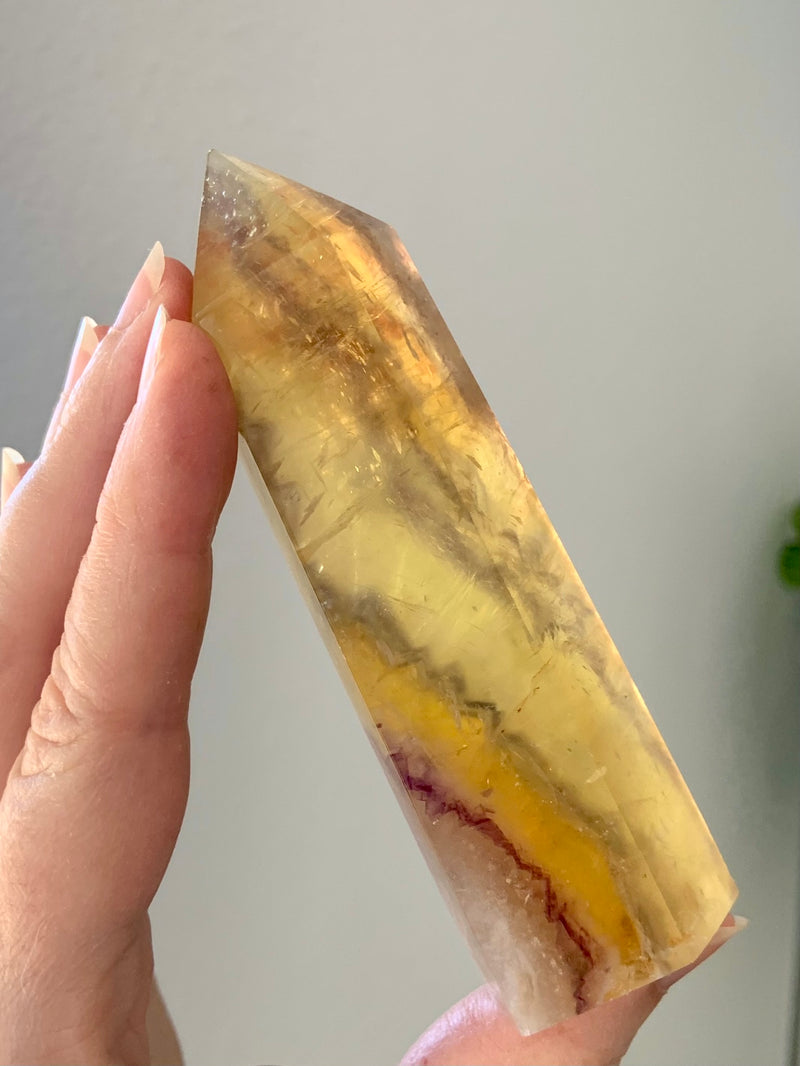 Yellow Fluorite with Mica Tower with Golden Healer Inclusions