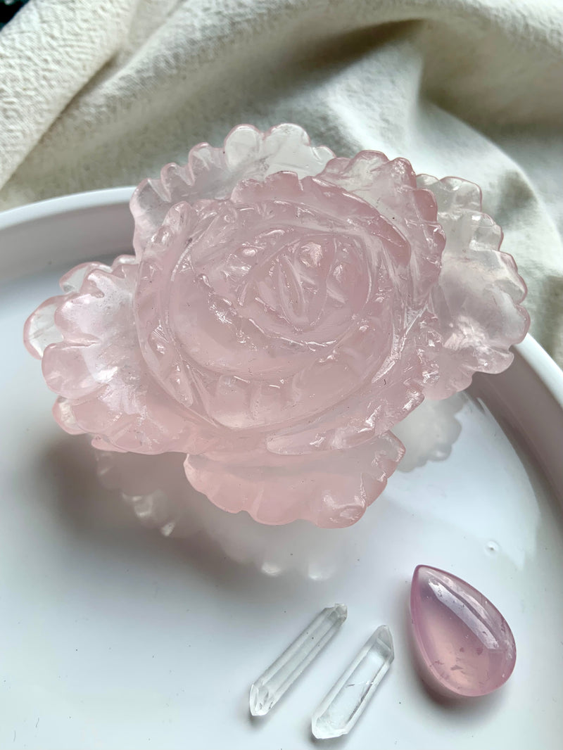 One of a kind Rose Quartz Crystal Flower Carving. A unique bohemian decor, zen altar, plant lover gift idea for women.