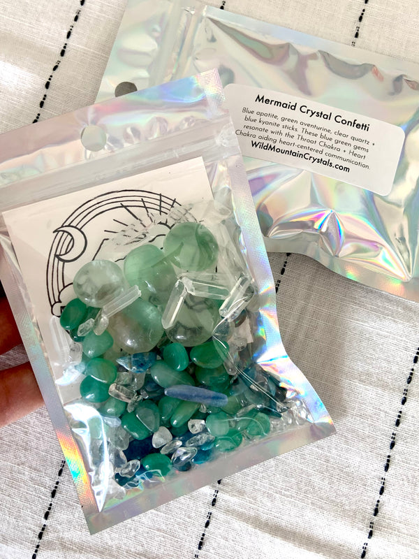 Showing the packaging for the Mermaid Crystal Confetti Mix with the chips and tumbles