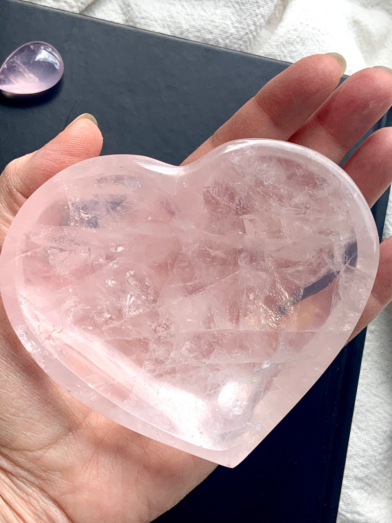 Gemmy Rose Quartz Heart Bowl with Rainbows