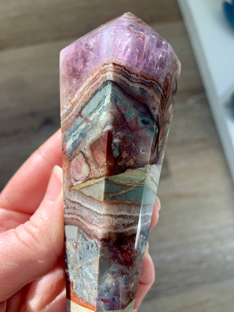 Crazy Lace Agate Amethyst Wand with Conglomerate Minerals