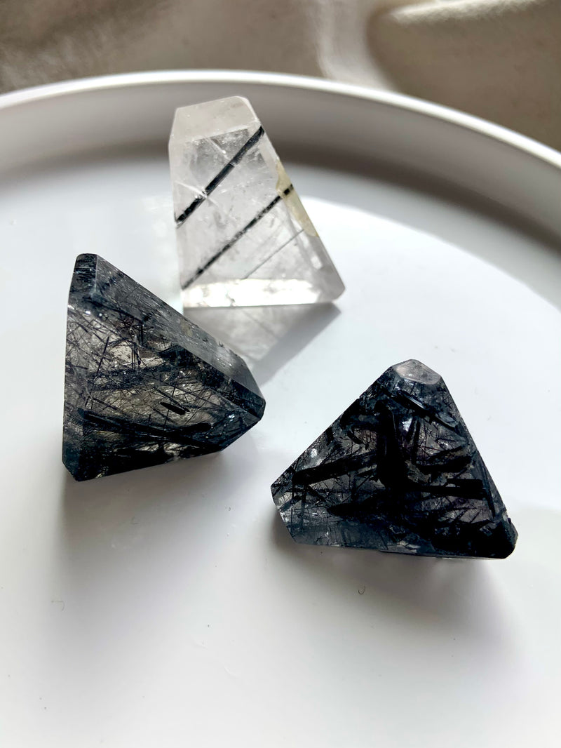 Black Tourmaline in Quartz Freeforms aka Tourmalated Quartz. Choose your favorite from these three stunning crystal specimens.