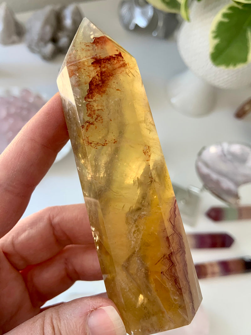 Yellow Fluorite with Mica Tower with Golden Healer Inclusions