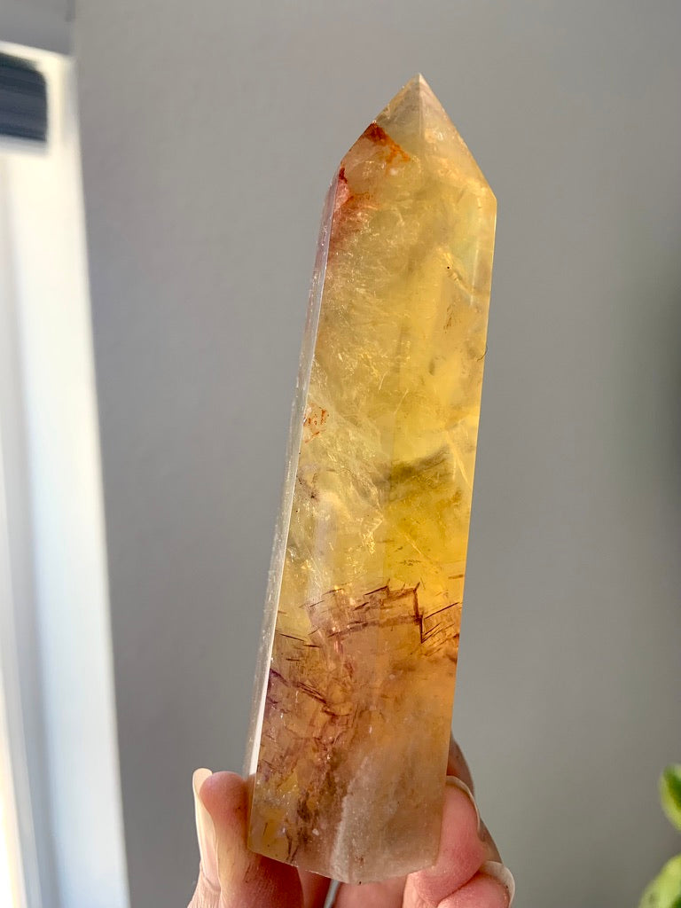 Yellow Fluorite with Mica Tower with Golden Healer Inclusions