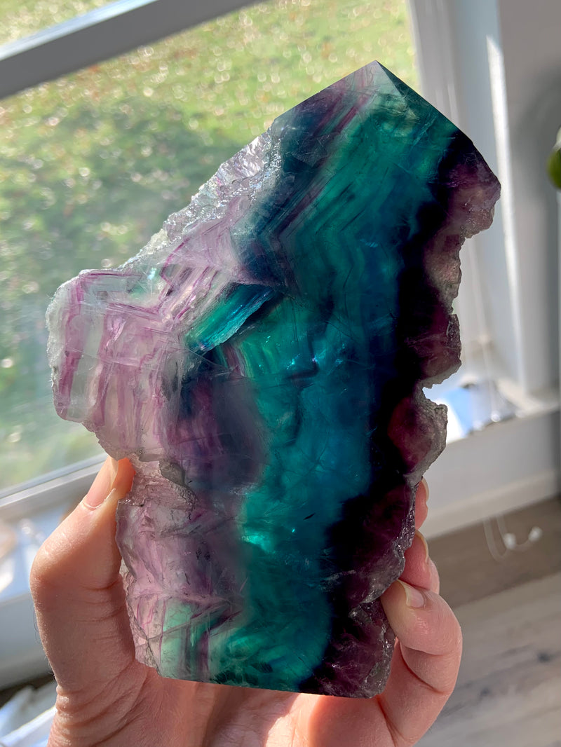 Teal, Blue + Purple Fluorite Tower with Natural Cubic Edges