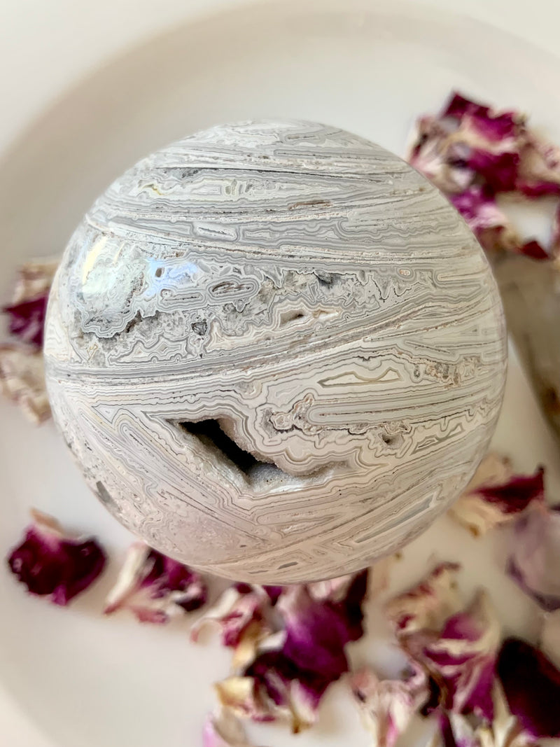 White Lace Agate Sphere on Stand