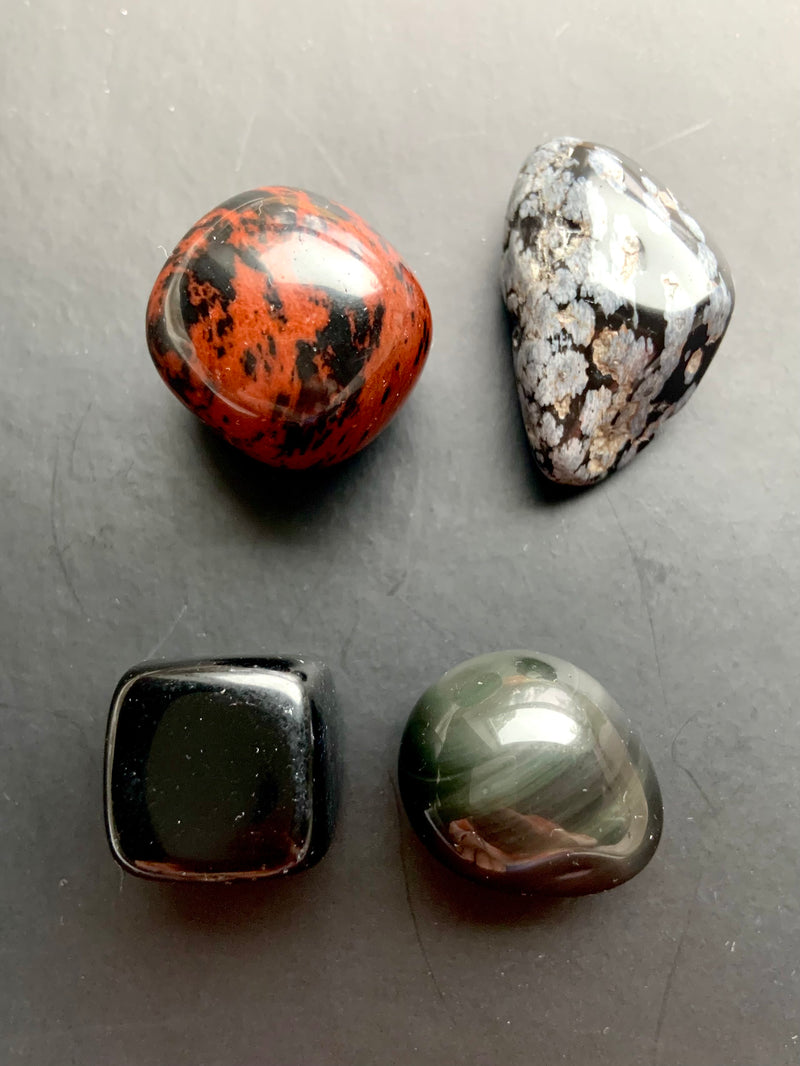 Our mixed variety Obsidian Tumble Set includes 4 varieties of natural obsidian with an info card to ID the stones and learn their geological and metaphysical properties