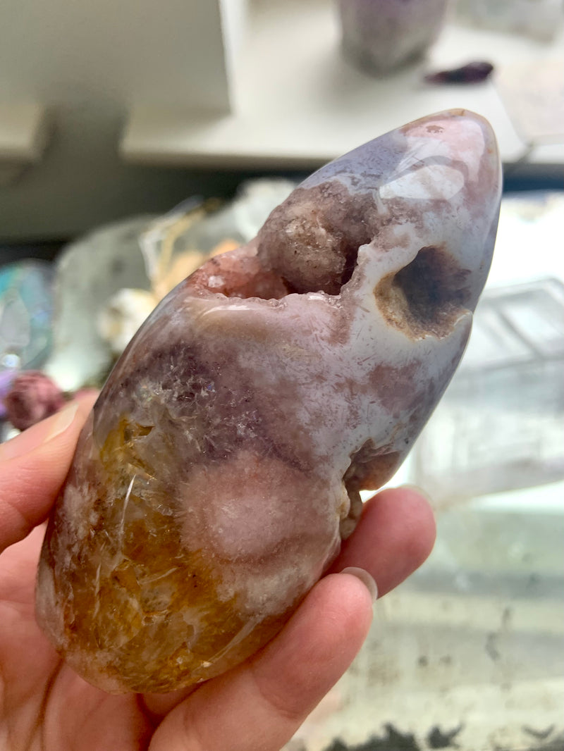 Pink Amethyst Flower Agate Geode with Stand