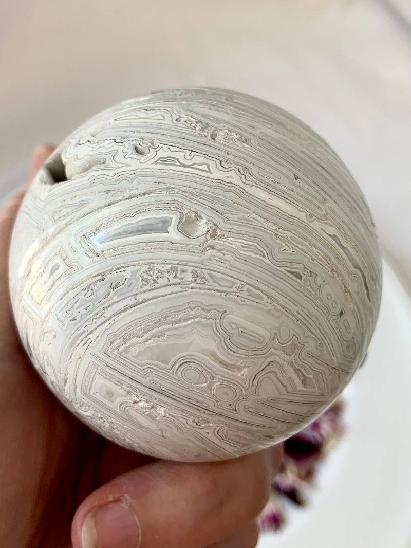 White Lace Agate Sphere on Stand