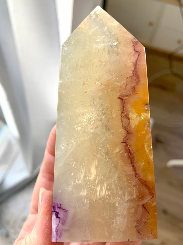 Pale Yellow Fluorite with Mica Obelisk with Purple Cubic Phantoms