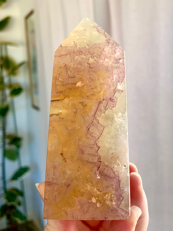 Pale Yellow Fluorite with Mica Obelisk with Purple Cubic Phantoms