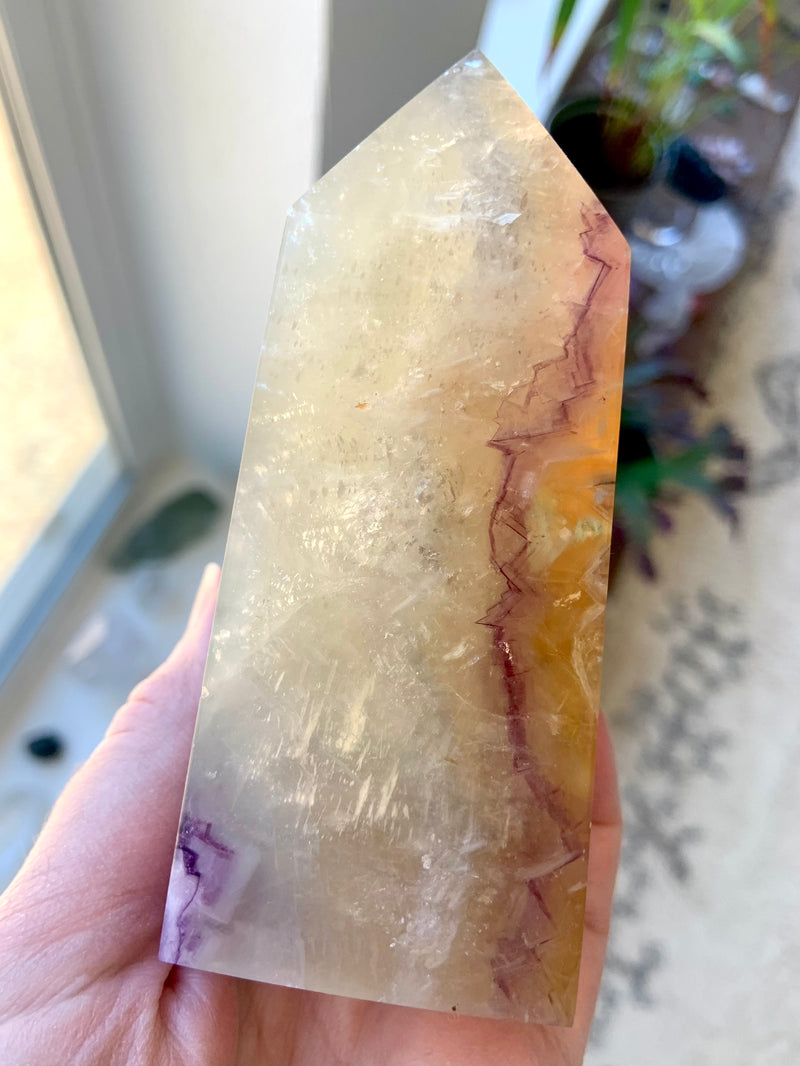 Pale Yellow Fluorite with Mica Obelisk with Purple Cubic Phantoms