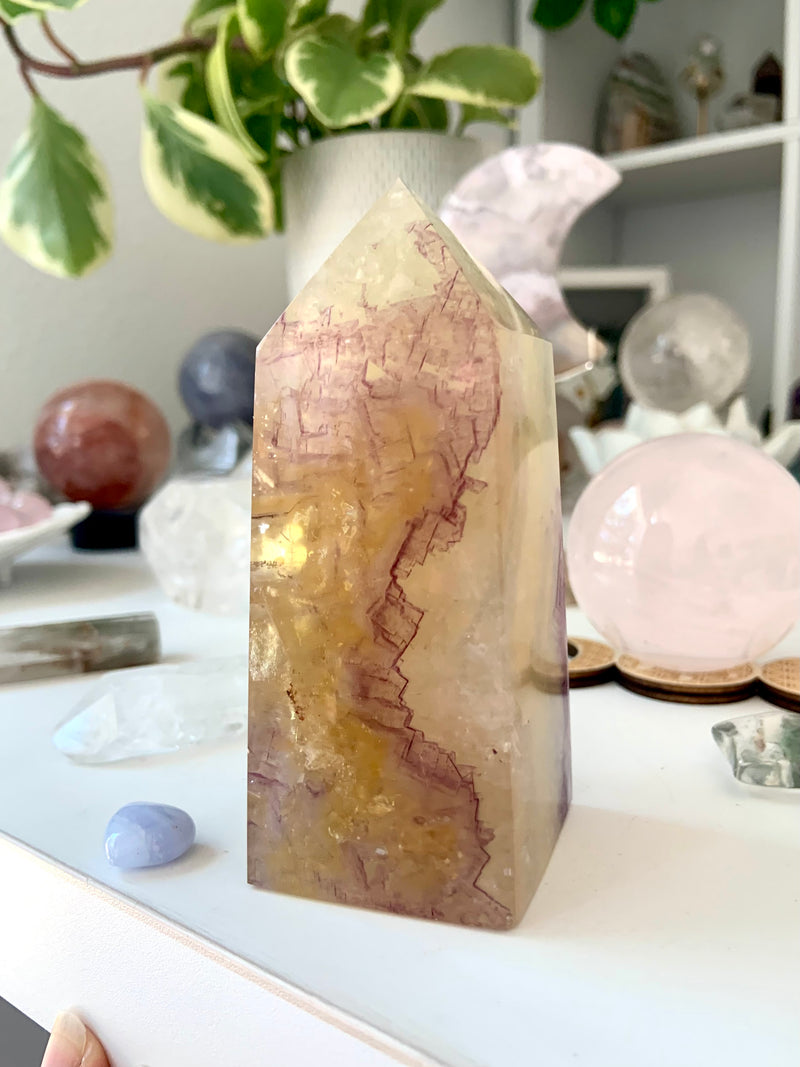 Pale Yellow Fluorite with Mica Obelisk with Purple Cubic Phantoms