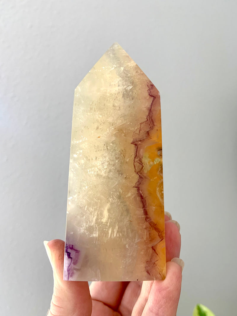 Pale Yellow Fluorite with Mica Obelisk with Purple Cubic Phantoms