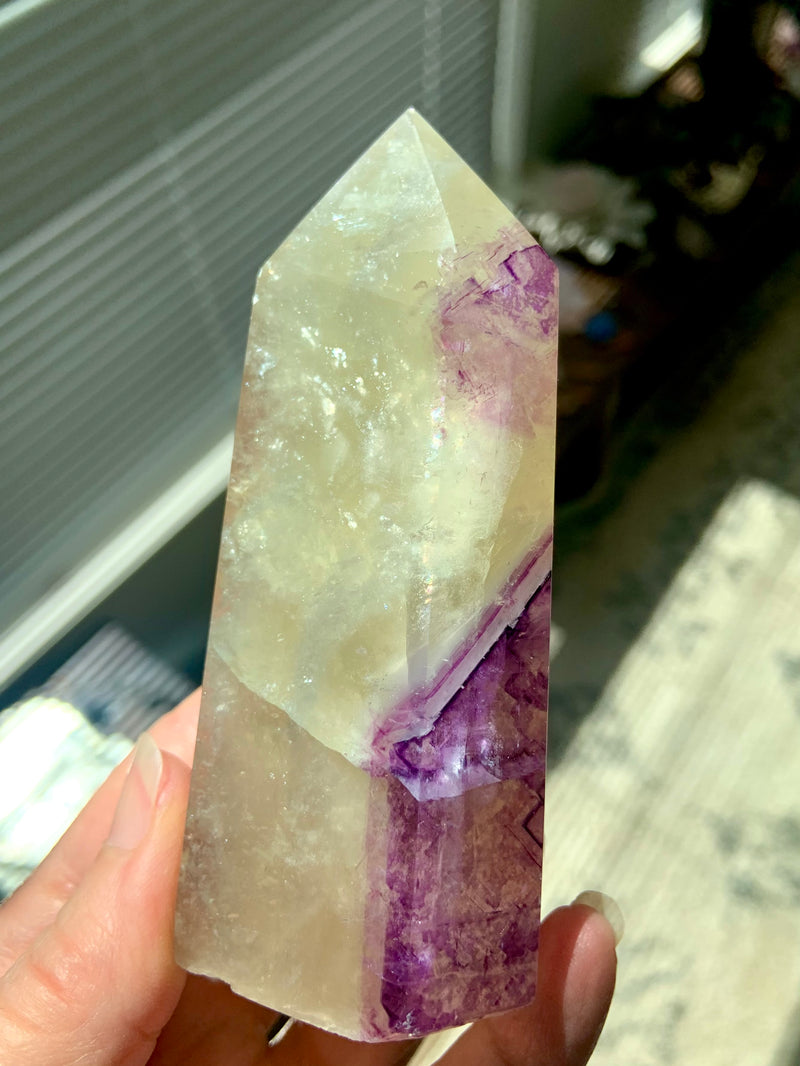 Yellow Fluorite Mica Tower with Purple Cubic Phantoms