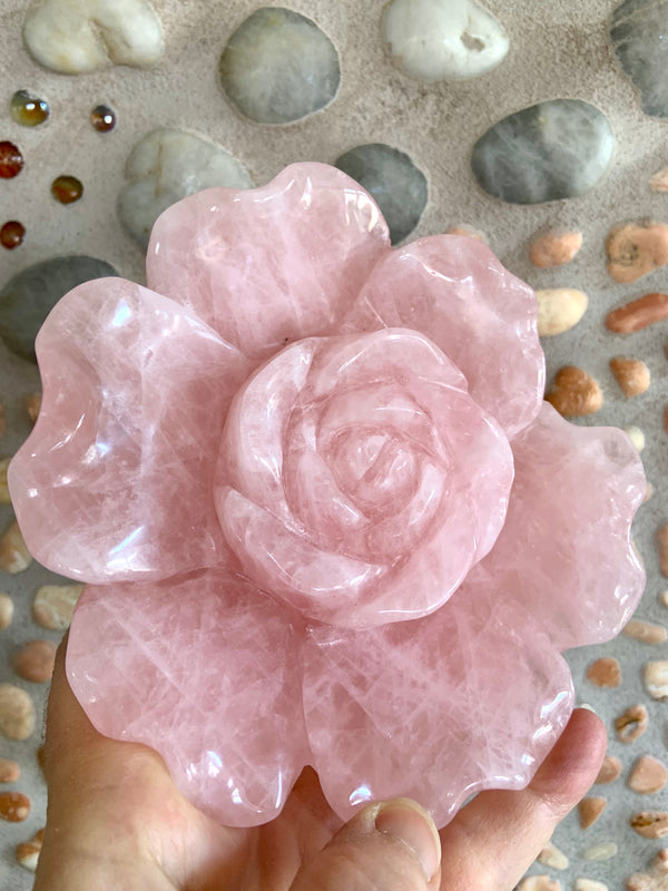 Big Rose Quartz Flower Carving
