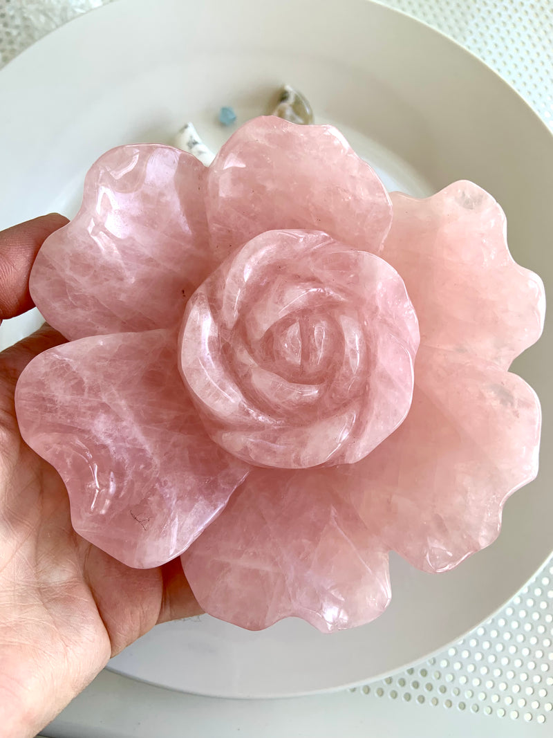 Big Rose Quartz Flower Carving