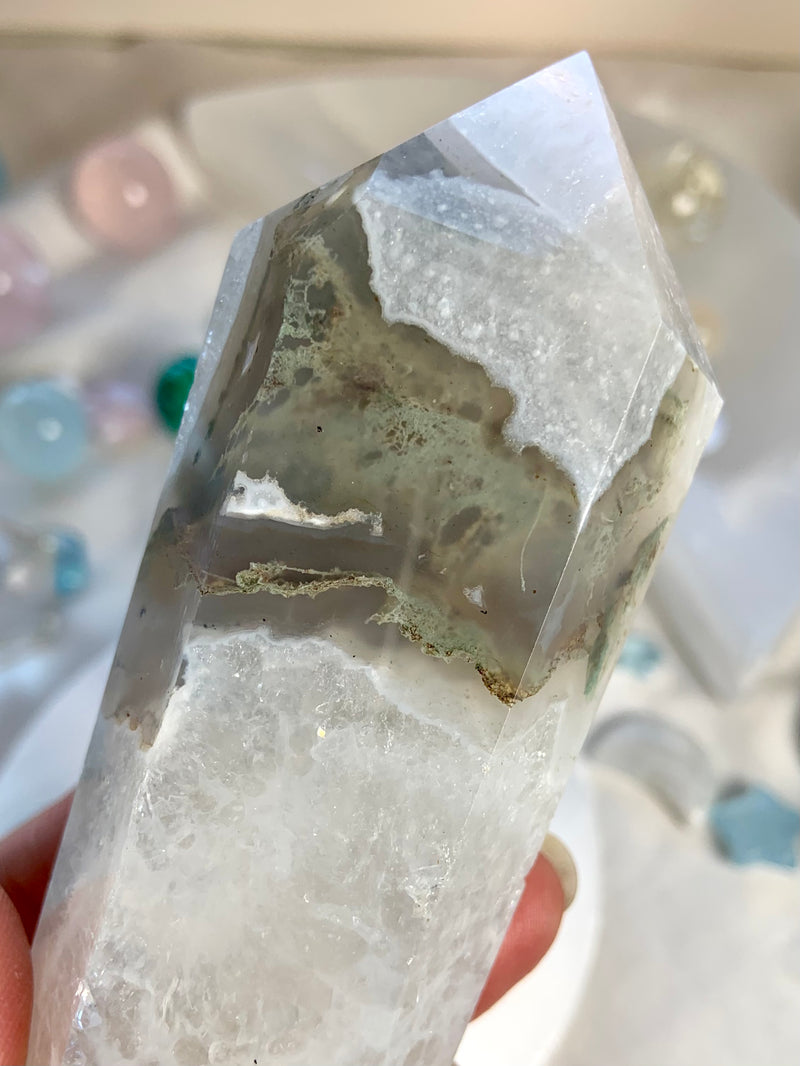 Sparkly Quartz with Moss Agate Cupcake Tower