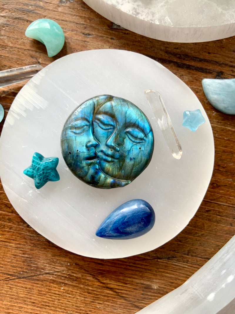 Aqua Blue Flash LABRADORITE Sun + Moon Face