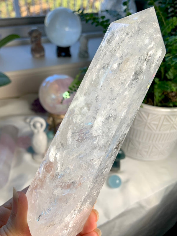 Sparkly Clear Quartz Tower with Rainbows