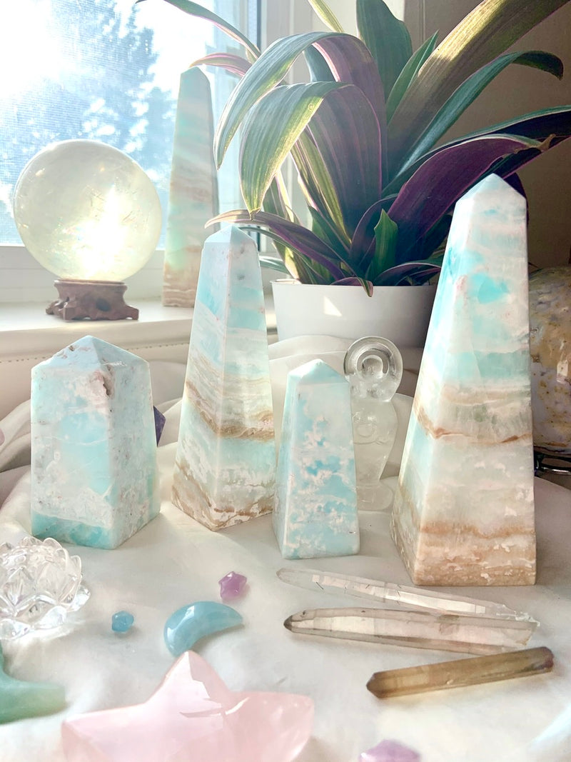 Opaline Shores CARIBBEAN CALCITE TOWER, Blue Aragonite Tower