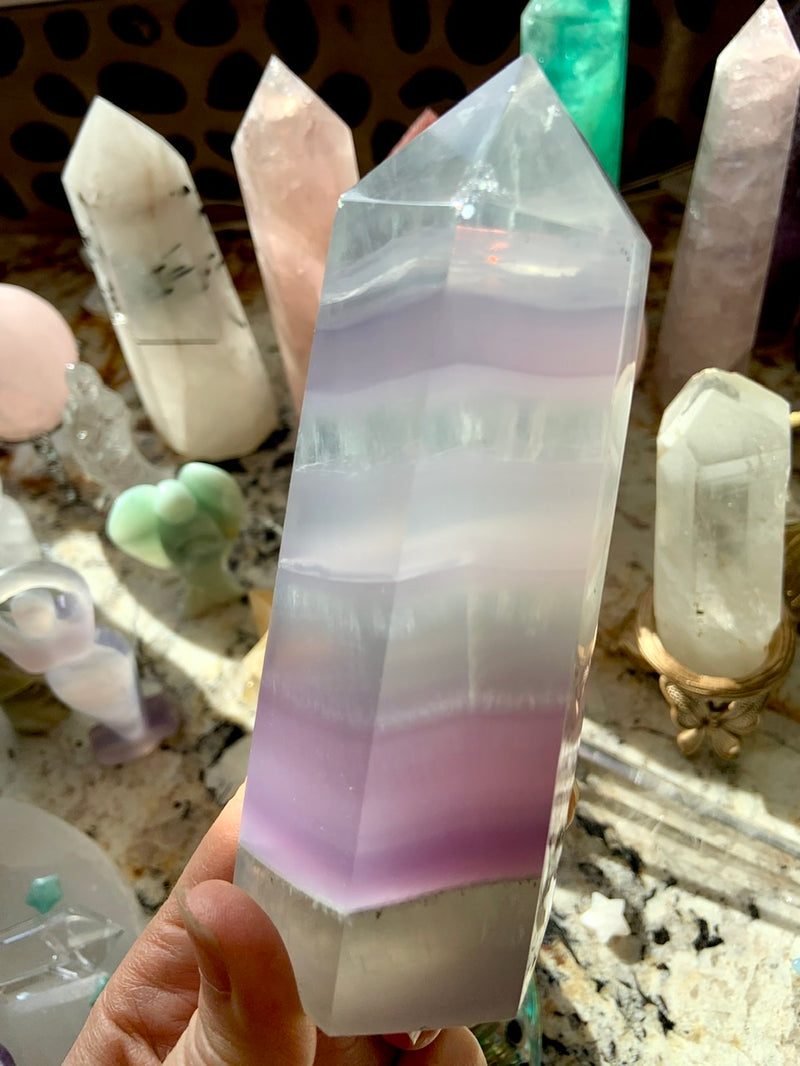 Big + Chunky Banded Yttrium Fluorite Tower with Scolecite Inclusions + Rainbow