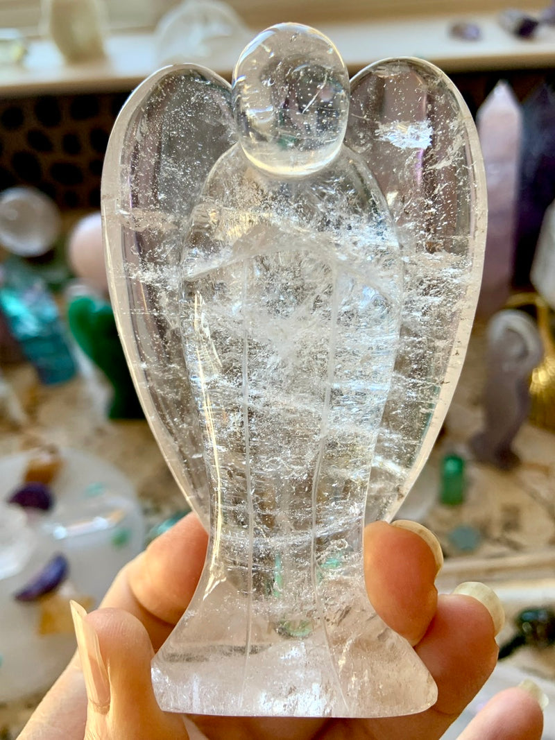 Big CLEAR QUARTZ ANGEL with Rainbows ~ Hand-Carved Crystal Angel