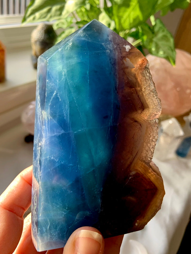 Large Blue FLUORITE TOWER with Natural Cubic Edge