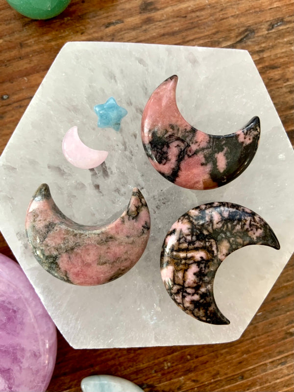 Hand-Carved RHODONITE CRESCENT MOONS