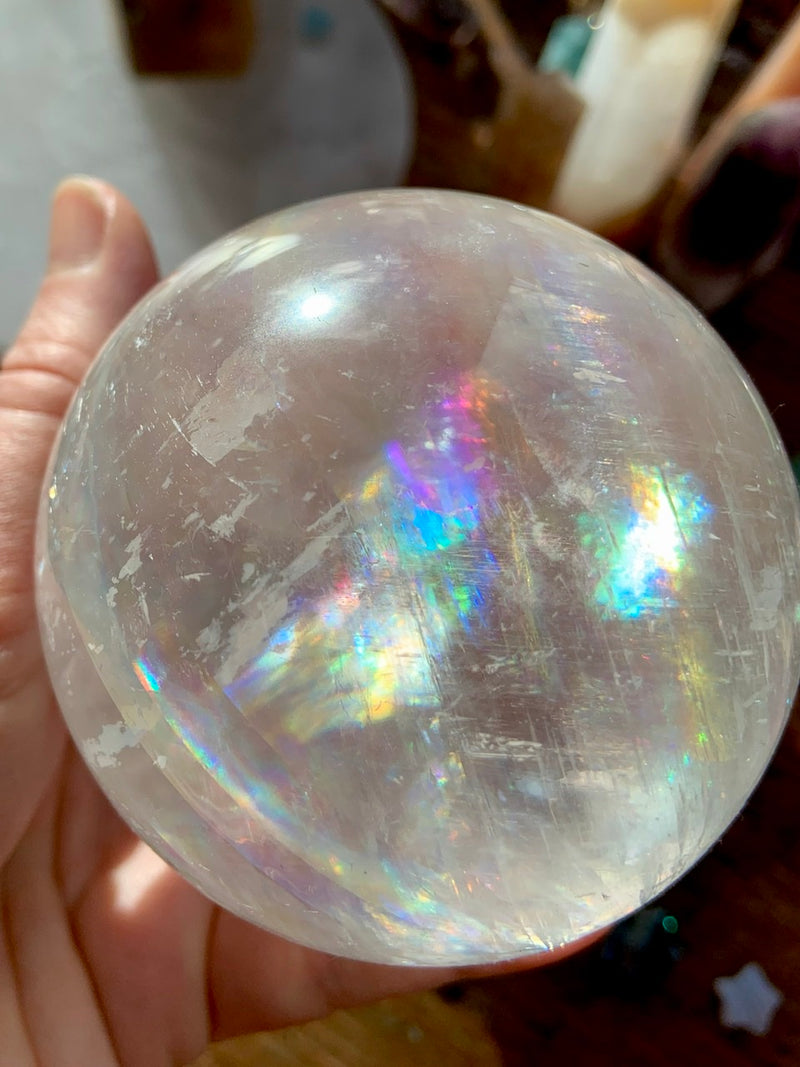 Mega Rainbows OPTICAL CALCITE SPHERE, A++ Clear Calcite Crystal Ball with Stand