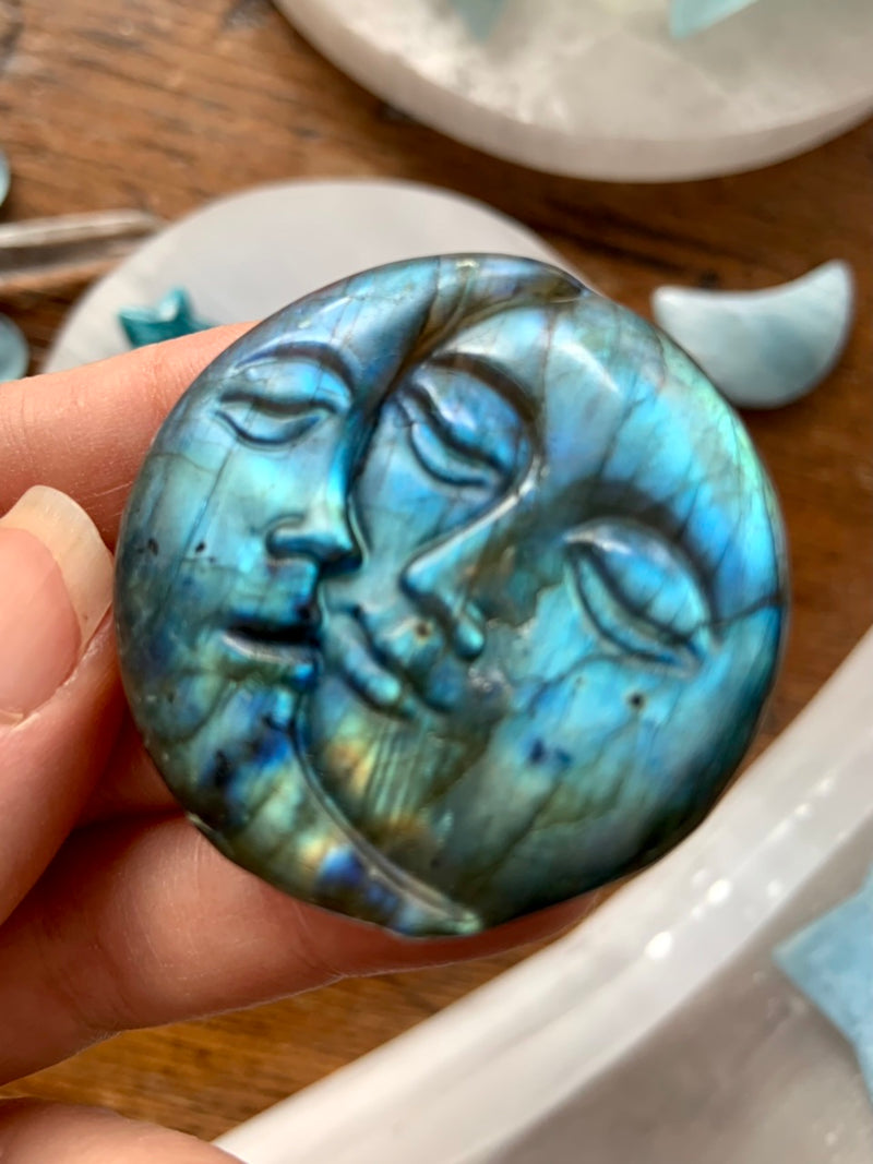 Aqua Blue Flash LABRADORITE Sun + Moon Face