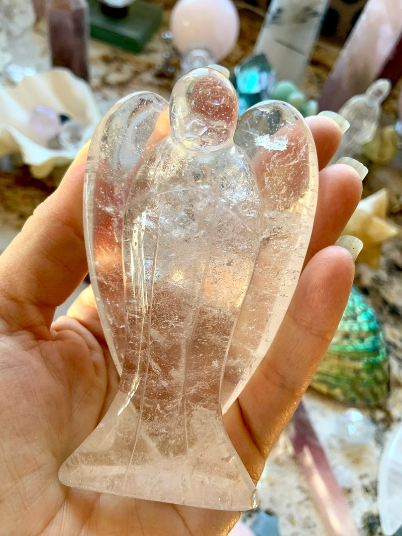 Big CLEAR QUARTZ ANGEL with Rainbows ~ Hand-Carved Crystal Angel