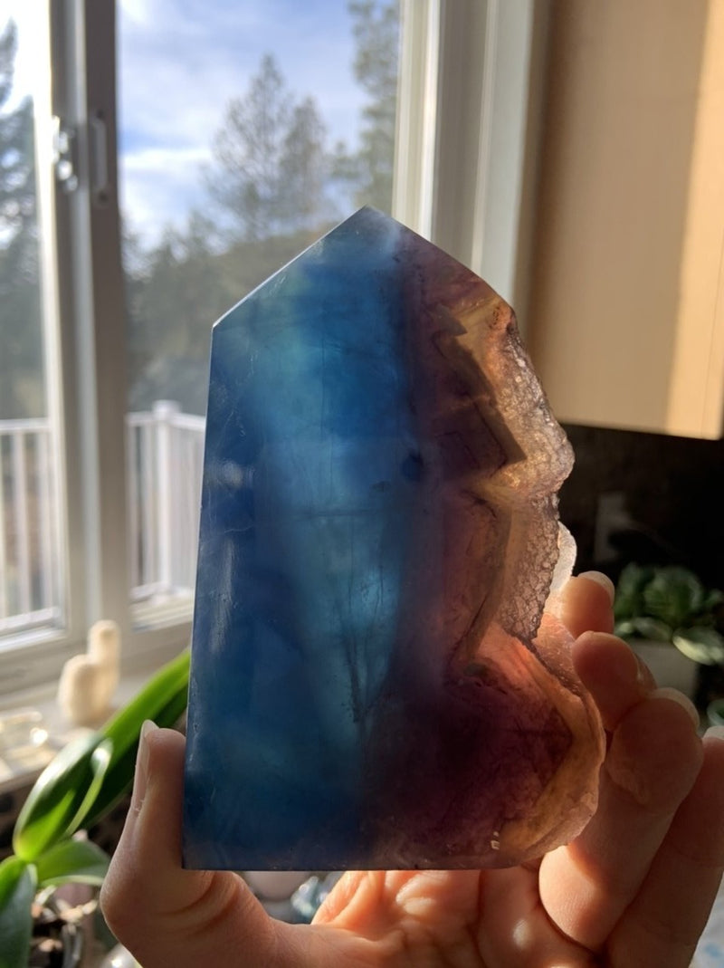 Large Blue FLUORITE TOWER with Natural Cubic Edge