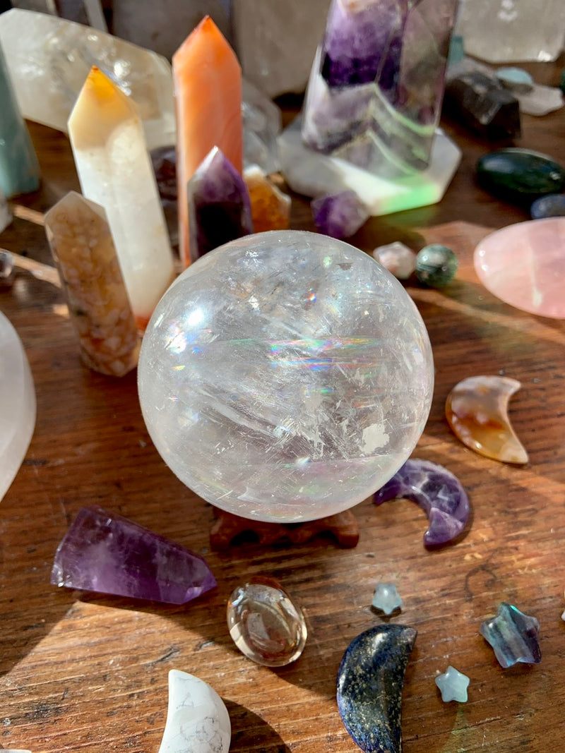 Mega Rainbows OPTICAL CALCITE SPHERE, A++ Clear Calcite Crystal Ball with Stand