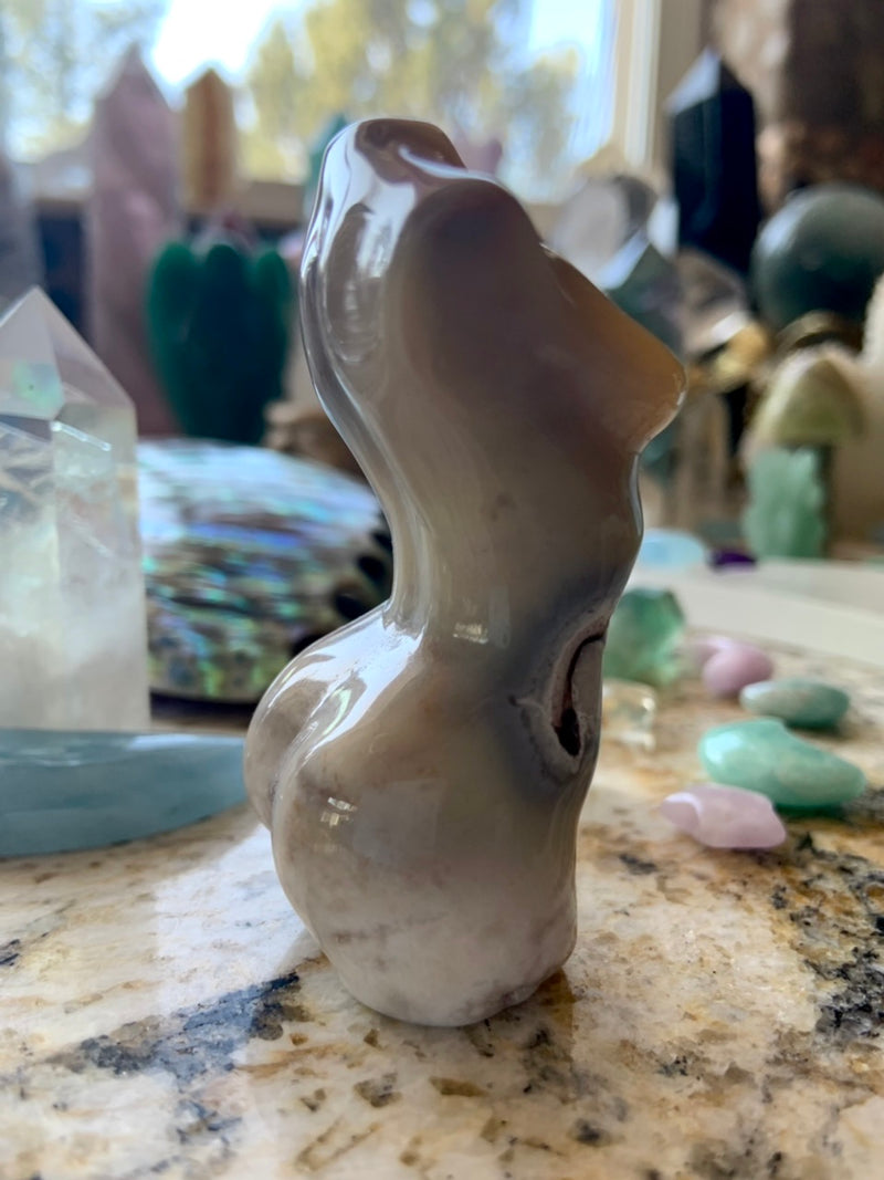 Flower Agate Goddess Figurine with Pink Amethyst Druzy