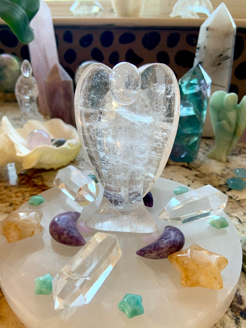 Big CLEAR QUARTZ ANGEL with Rainbows ~ Hand-Carved Crystal Angel