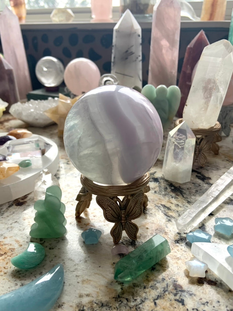 Banded Yttrium Fluorite Sphere with Scolecite Cloudscape # 4