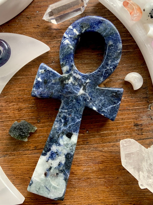 Large Sodalite Ankh with Black Tourmaline Inclusions