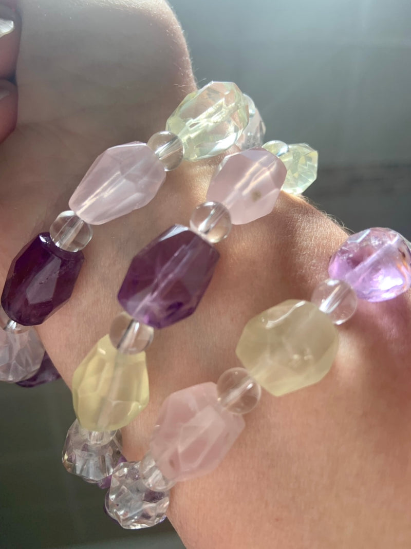 Faceted Crystal Bracelet with Amethyst, Rose Quartz, Clear Quartz + Citrine