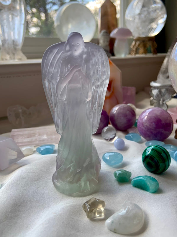 Yttrium Fluorite Angel Carving with Scolecite Inclusions