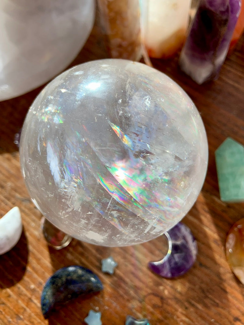 Mega Rainbows OPTICAL CALCITE SPHERE, A++ Clear Calcite Crystal Ball with Stand