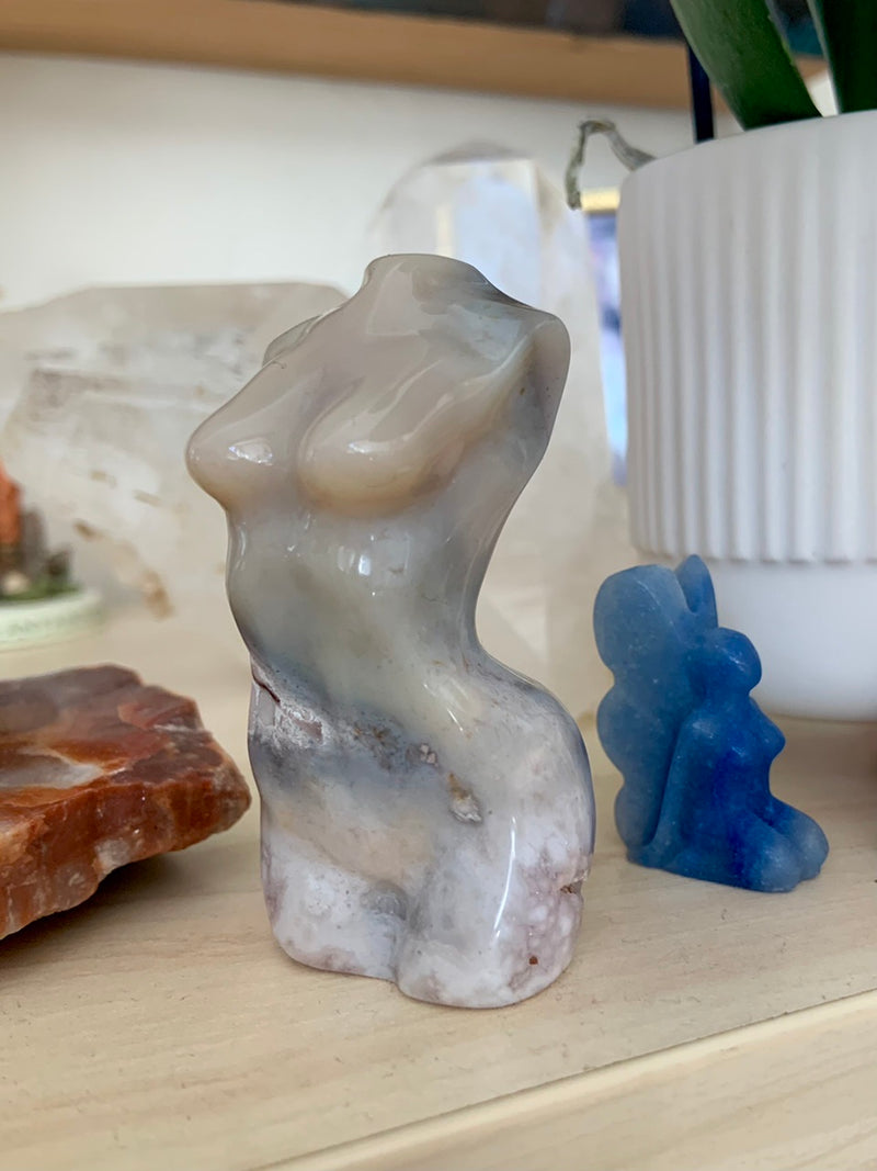 Flower Agate Goddess Figurine with Pink Amethyst Druzy