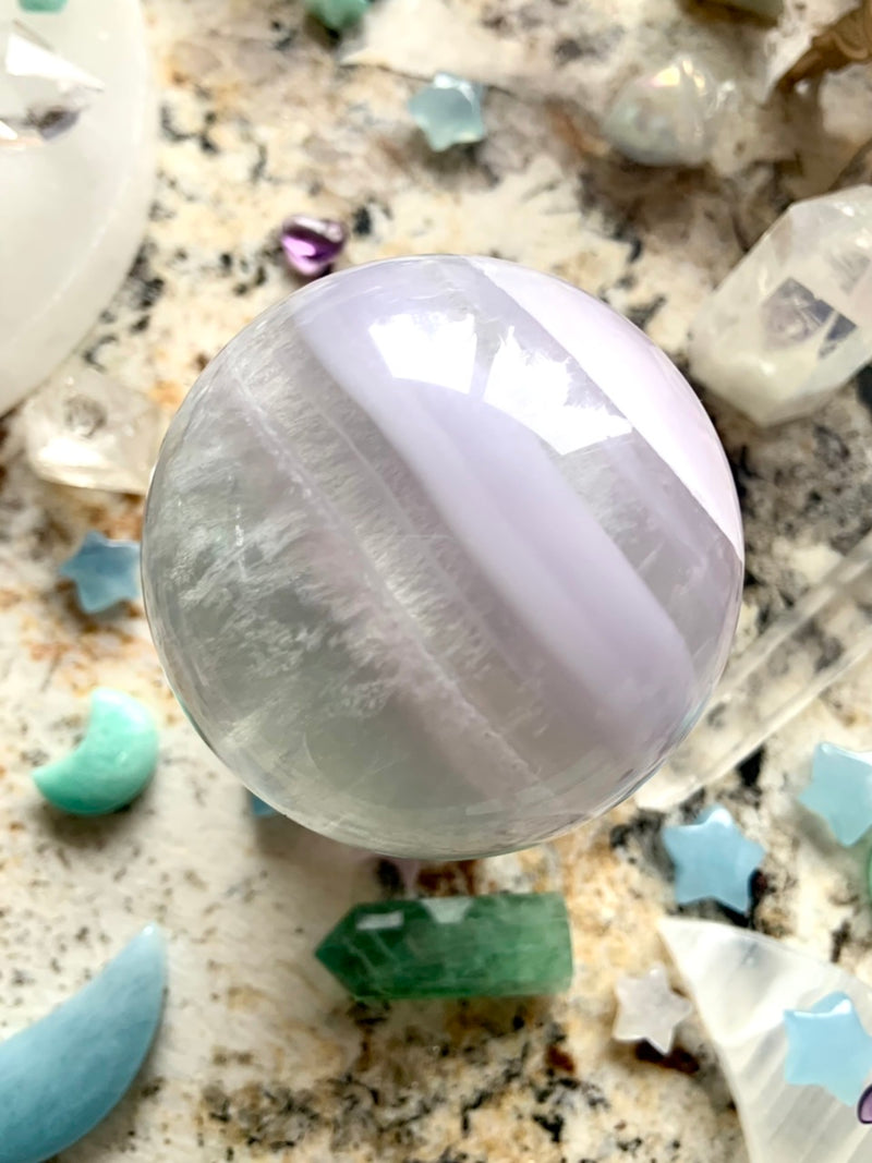 Banded Yttrium Fluorite Sphere with Scolecite Cloudscape # 4