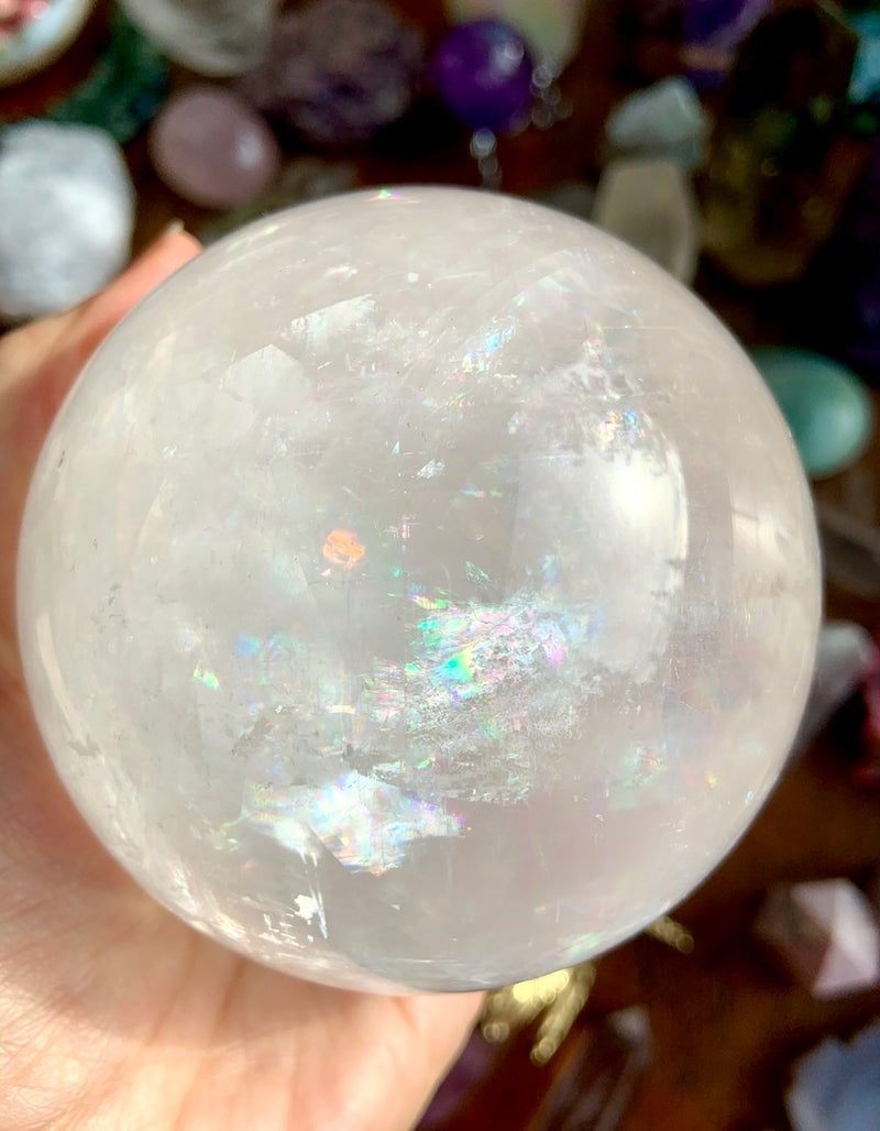 XL Optical Calcite Sphere with tons of Rainbows, A+ Clear Rainbow Calcite Crystal Ball