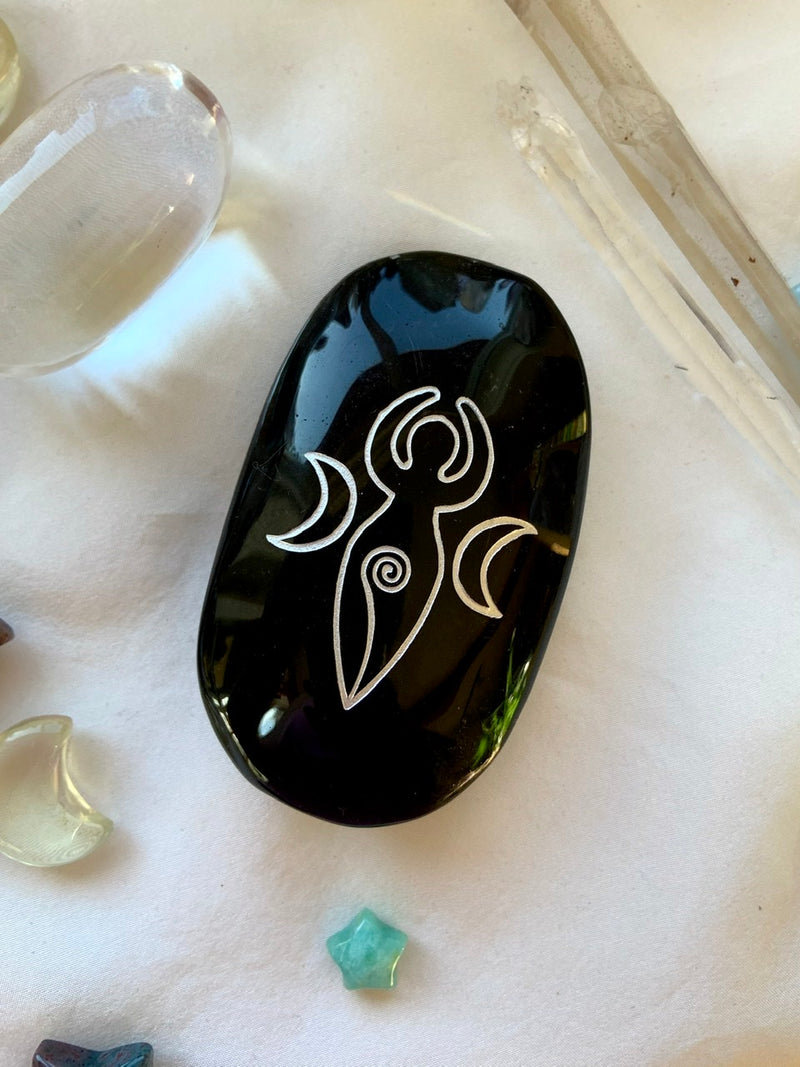 Triple Moon Goddess BLACK OBSIDIAN Palm Stones for energetic protection