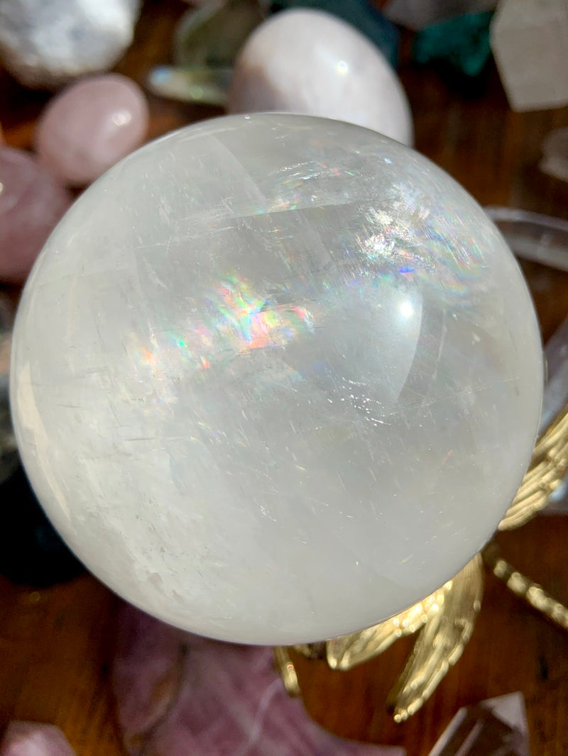 XL Optical Calcite Sphere with tons of Rainbows, A+ Clear Rainbow Calcite Crystal Ball